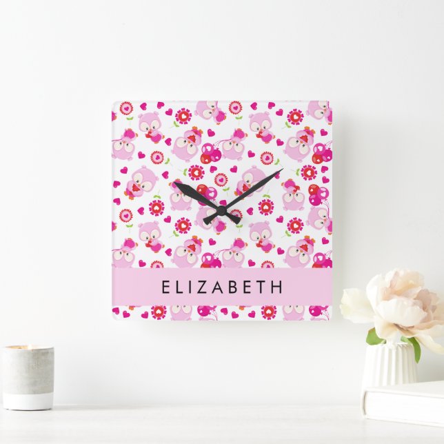 Pattern Of Owls, Cute Owls, Pink Owls, Your Name Square Wall Clock (Home)