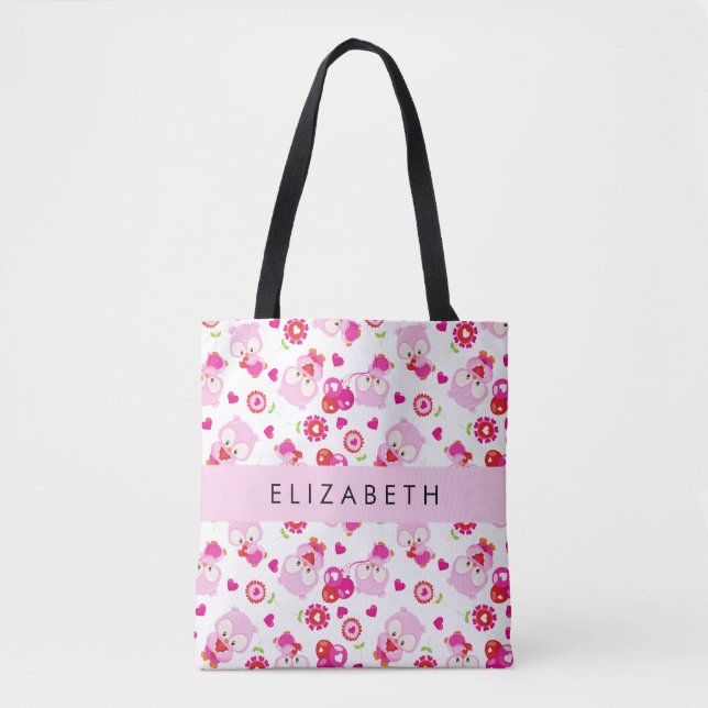 Pattern Of Owls, Cute Owls, Pink Owls, Your Name Tote Bag (Front)