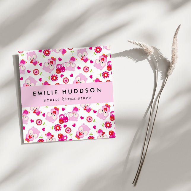 Pattern Of Owls, Pink Owls, Pet Shop, Bird Store Square Business Card (Creator Uploaded)