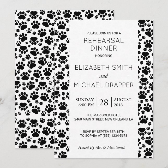 Pattern Of Paws, Black And White, Rehearsal Dinner Invitation (Front/Back)