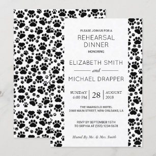 Pattern Of Paws, Black And White, Rehearsal Dinner Invitation