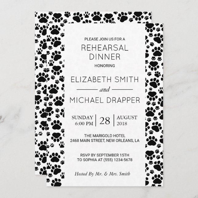 Pattern Of Paws, Black And White, Rehearsal Dinner Invitation (Front/Back)