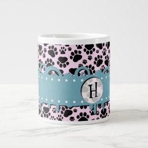 Pattern Of Paws, Black Paws, Dog Paws, Monogram Large Coffee Mug