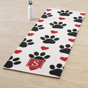 Pattern Of Paws, Black Paws, Red Hearts, Monogram Yoga Mat