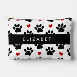 Pattern Of Paws, Black Paws, Red Hearts, Your Name Accessory Pouch