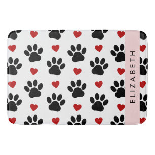 Pattern Of Paws, Black Paws, Red Hearts, Your Name Bath Mat