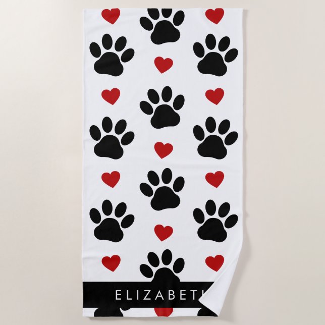 Pattern Of Paws, Black Paws, Red Hearts, Your Name Beach Towel (Front)