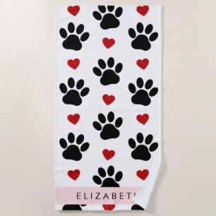 Pattern Of Paws, Black Paws, Red Hearts, Your Name Beach Towel