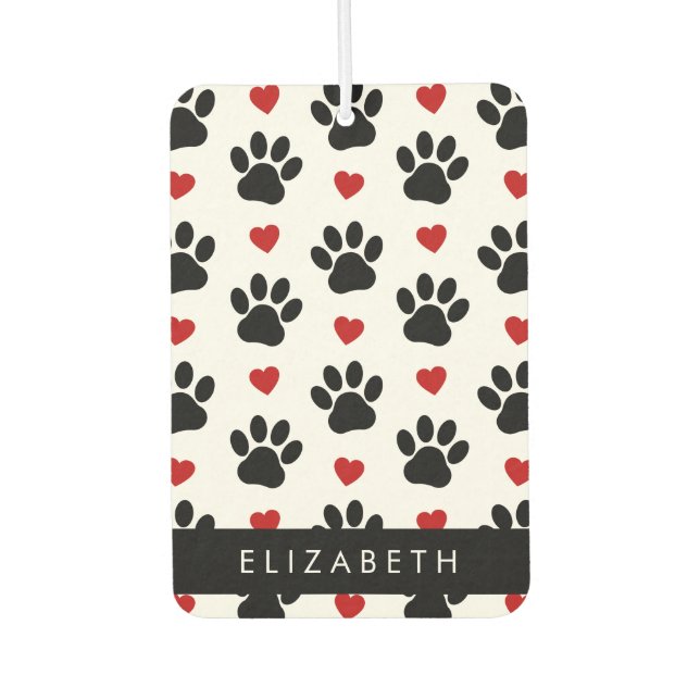 Pattern Of Paws, Black Paws, Red Hearts, Your Name Car Air Freshener (Front)