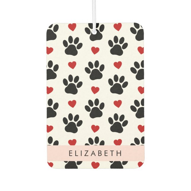 Pattern Of Paws, Black Paws, Red Hearts, Your Name Car Air Freshener (Front)