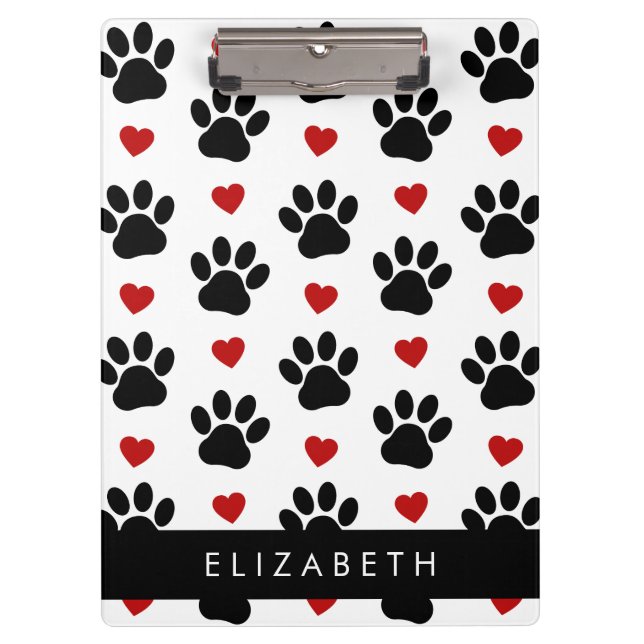 Pattern Of Paws, Black Paws, Red Hearts, Your Name Clipboard (Front)