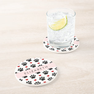 Pattern Of Paws, Black Paws, Red Hearts, Your Name Coaster