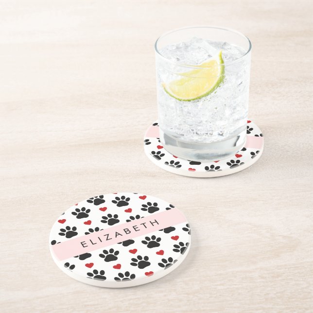 Pattern Of Paws, Black Paws, Red Hearts, Your Name Coaster (Side)