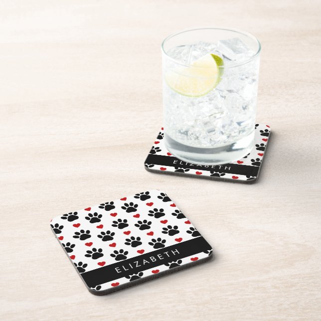 Pattern Of Paws, Black Paws, Red Hearts, Your Name Coaster (Right Side)