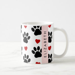 Pattern Of Paws, Black Paws, Red Hearts, Your Name Coffee Mug