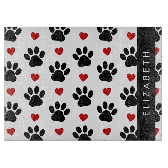 Pattern Of Paws, Black Paws, Red Hearts, Your Name Cutting Board (Front)