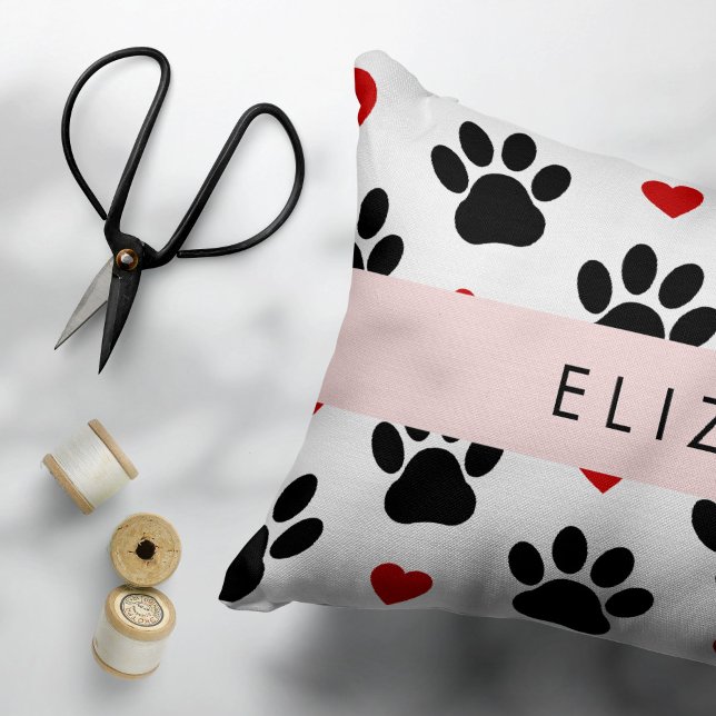 Pattern Of Paws, Black Paws, Red Hearts, Your Name Decorative Cushion (Creator Uploaded)
