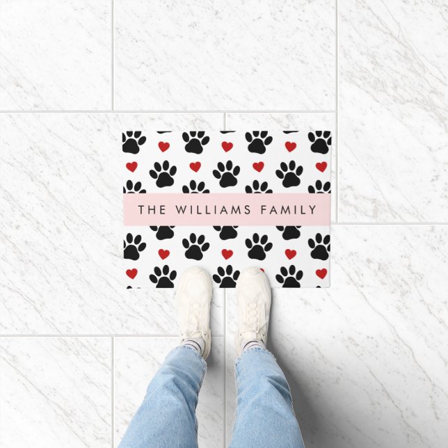 Pattern Of Paws, Black Paws, Red Hearts, Your Name Doormat (Indoor)