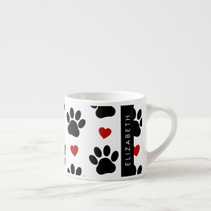 Pattern Of Paws, Black Paws, Red Hearts, Your Name Espresso Cup