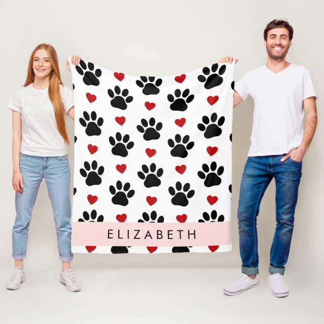 Pattern Of Paws, Black Paws, Red Hearts, Your Name Fleece Blanket (In Situ)