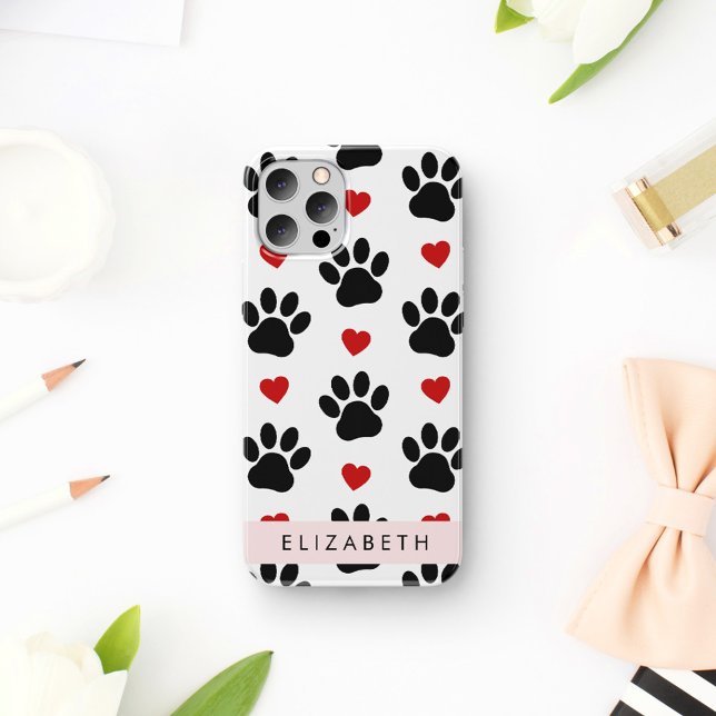 Pattern Of Paws, Black Paws, Red Hearts, Your Name iPhone 16 Case (Creator Uploaded)