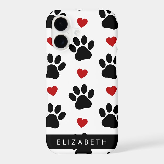 Pattern Of Paws, Black Paws, Red Hearts, Your Name iPhone Case (Back)