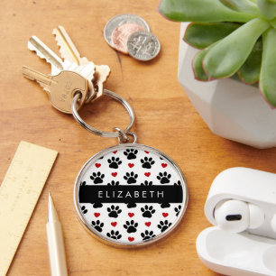Pattern Of Paws, Black Paws, Red Hearts, Your Name Key Ring