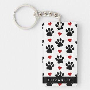 Pattern Of Paws, Black Paws, Red Hearts, Your Name Key Ring
