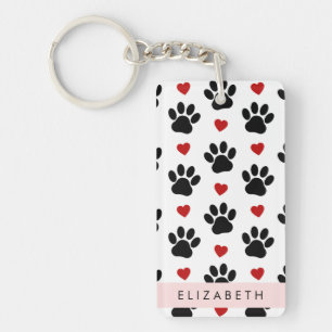 Pattern Of Paws, Black Paws, Red Hearts, Your Name Key Ring