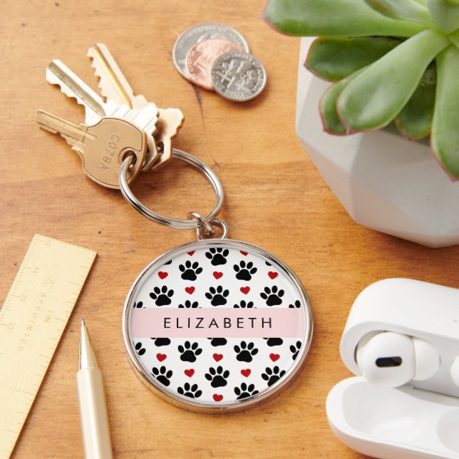 Pattern Of Paws, Black Paws, Red Hearts, Your Name Key Ring (Desk)
