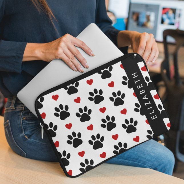Pattern Of Paws, Black Paws, Red Hearts, Your Name Laptop Sleeve (Creator Uploaded)