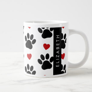 Pattern Of Paws, Black Paws, Red Hearts, Your Name Large Coffee Mug