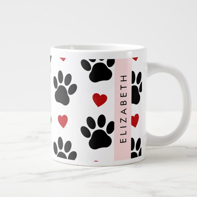 Pattern Of Paws, Black Paws, Red Hearts, Your Name Large Coffee Mug (Right)