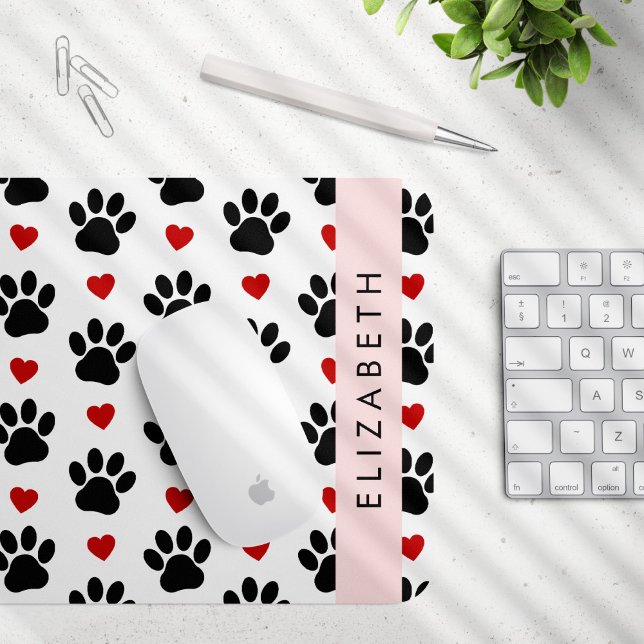 Pattern Of Paws, Black Paws, Red Hearts, Your Name Mouse Mat (Creator Uploaded)