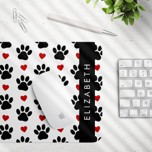 Pattern Of Paws, Black Paws, Red Hearts, Your Name Mouse Mat
