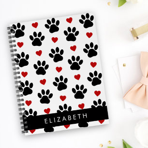 Pattern Of Paws, Black Paws, Red Hearts, Your Name Notebook