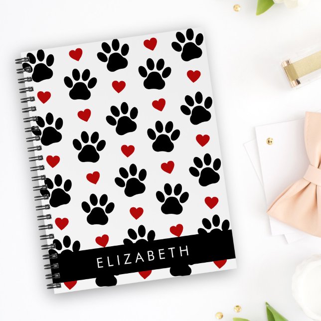 Pattern Of Paws, Black Paws, Red Hearts, Your Name Notebook (Creator Uploaded)