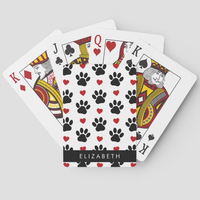 Pattern Of Paws, Black Paws, Red Hearts, Your Name Playing Cards (Back)