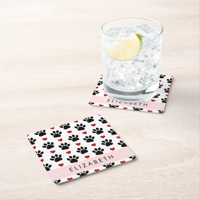 Pattern Of Paws, Black Paws, Red Hearts, Your Name Square Paper Coaster (Insitu)