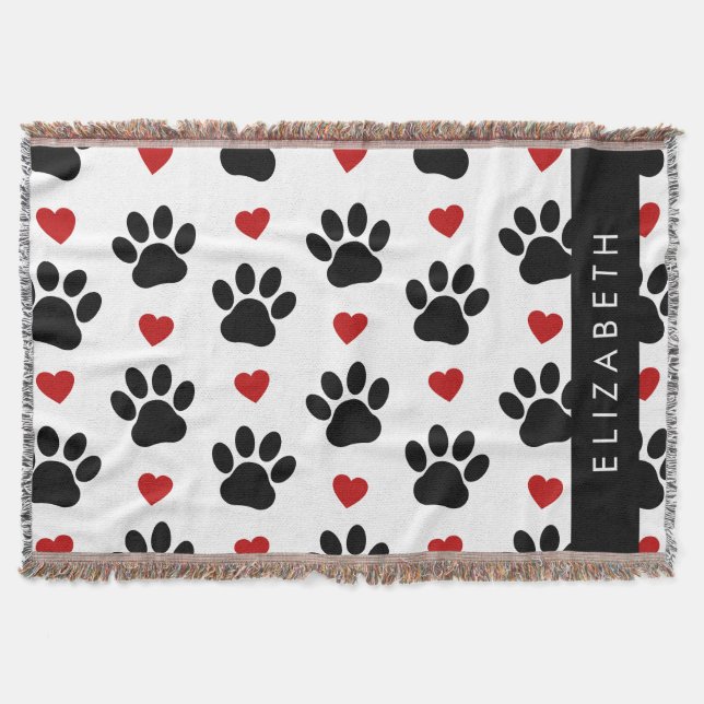 Pattern Of Paws, Black Paws, Red Hearts, Your Name Throw Blanket (Front)