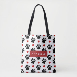 Pattern Of Paws, Black Paws, Red Hearts, Your Name Tote Bag