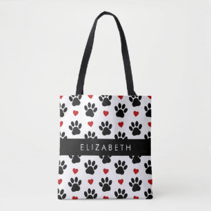 Pattern Of Paws, Black Paws, Red Hearts, Your Name Tote Bag