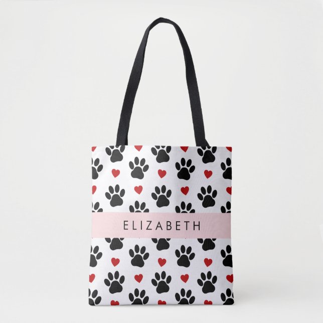 Pattern Of Paws, Black Paws, Red Hearts, Your Name Tote Bag (Front)