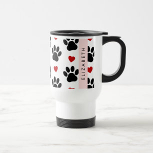 Pattern Of Paws, Black Paws, Red Hearts, Your Name Travel Mug