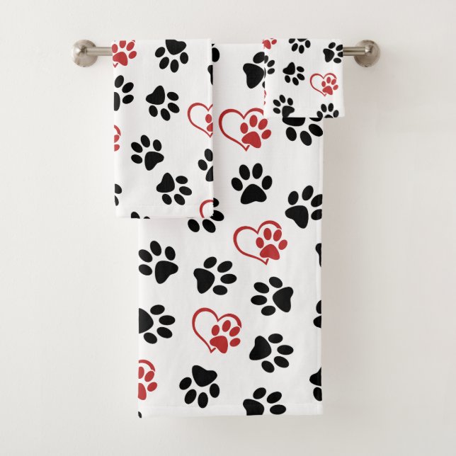 Pattern Of Paws, Black Paws, Red Paws, Hearts Bath Towel Set (Insitu)