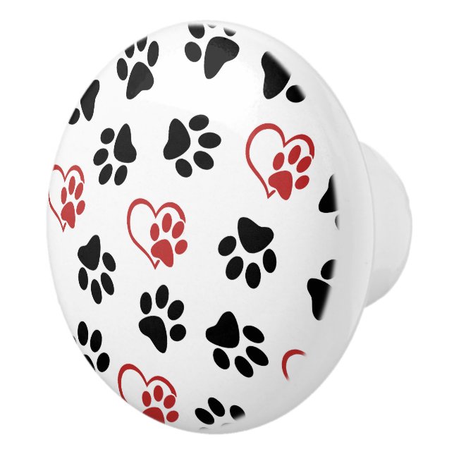 Pattern Of Paws, Black Paws, Red Paws, Hearts Ceramic Knob (Right)