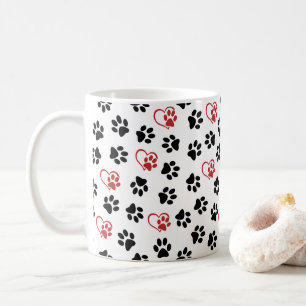 Pattern Of Paws, Black Paws, Red Paws, Hearts Coffee Mug