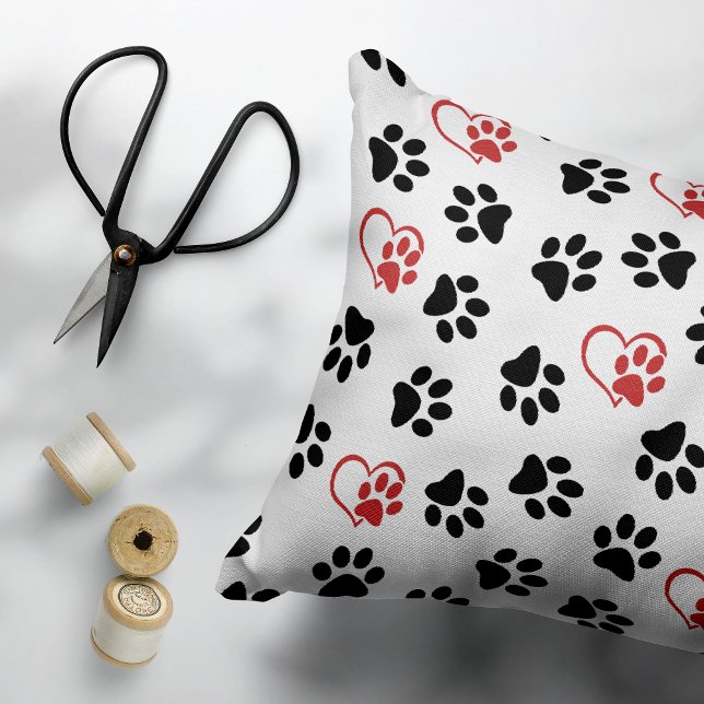 Pattern Of Paws, Black Paws, Red Paws, Hearts Decorative Cushion (Creator Uploaded)