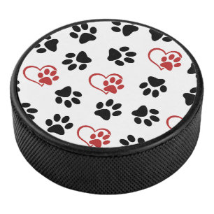 Pattern Of Paws, Black Paws, Red Paws, Hearts Hockey Puck