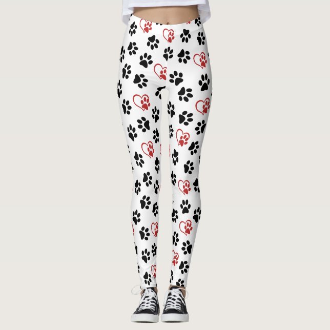Pattern Of Paws, Black Paws, Red Paws, Hearts Leggings (Front)